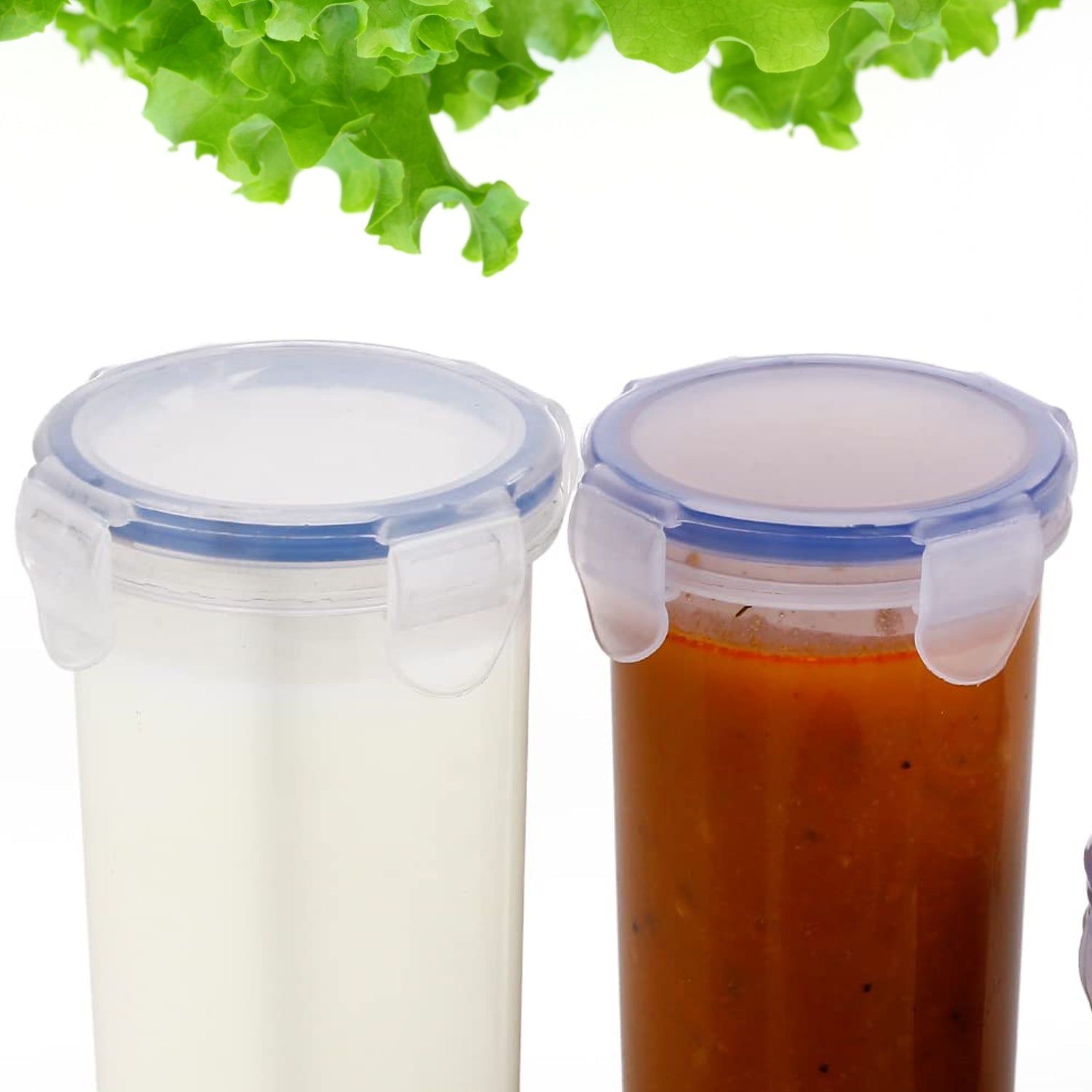 Round plastic container with leak-proof locking lid for secure food storage. Round plastic container with leak-proof locking lid for secure food storage.